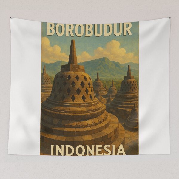 Item preview, Borobudur Temple Indonesia with Bell Stupas and Volcanic Backdrop designed and sold by Places On Earth.