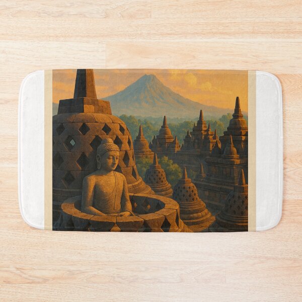 Item preview, Borobudur Temple Buddha Statue and Volcanic Mountain at Sunrise designed and sold by Places On Earth.