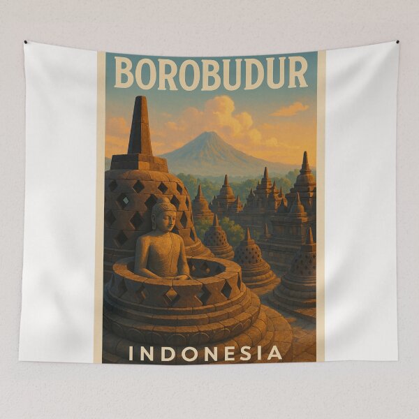 Item preview, Borobudur Temple Buddha Statue and Volcanic Mountain at Sunrise designed and sold by Places On Earth.