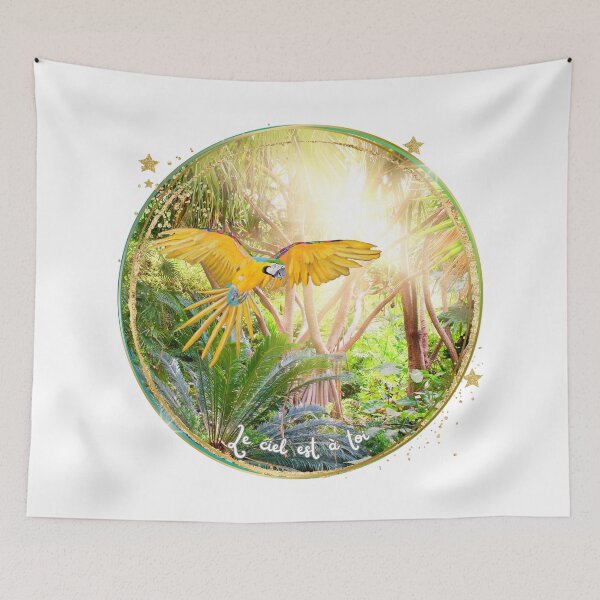 Item preview, Inspirational tropical bird art – vibrant flying macaw with French quote ‘The sky is yours’ designed and sold by GabiVitryArt.