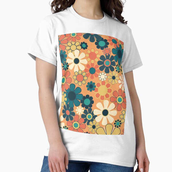 Item preview, Pretty Groovy Retro Garden 60s 70s Aesthetic Floral Pattern in 1970s Orange Teal Blue and Yellow designed and sold by kierkegaard.