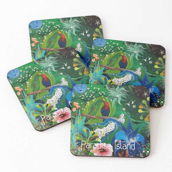 Item preview, Paradise island with parrots, vibrant dreamy green tropical forest with birds designed and sold by GabiVitryArt.