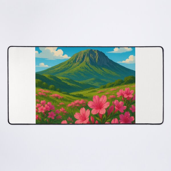 Item preview, Hallasan Volcano South Korea with Pink Azaleas and Green Slopes designed and sold by Places On Earth.
