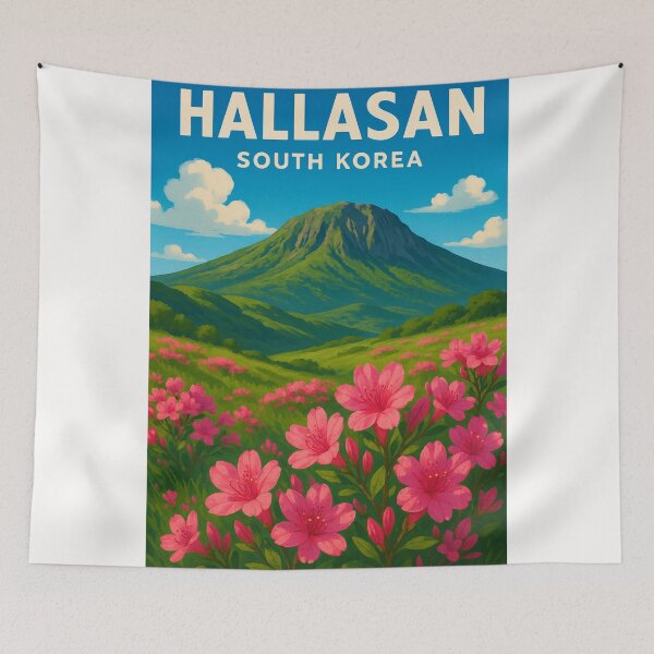 Item preview, Hallasan Volcano South Korea with Pink Azaleas and Green Slopes designed and sold by Places On Earth.