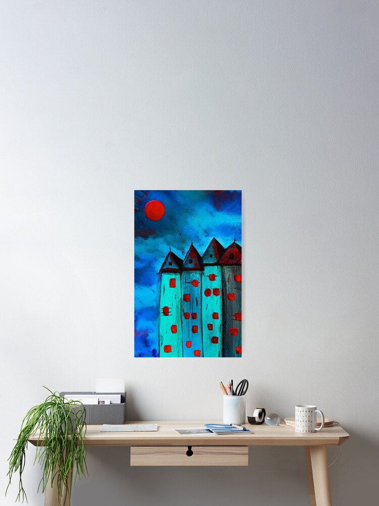 Thumbnail 2 of 3, Poster, blue city red moon designed and sold by shopcherry.