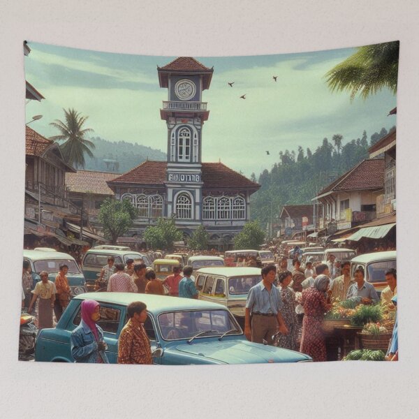 Item preview, 1980s Bukittinggi Market Scene – AI Black and White Artwork for Clothing and Accessories for City Lovers and Travelers designed and sold by knalpot-design.