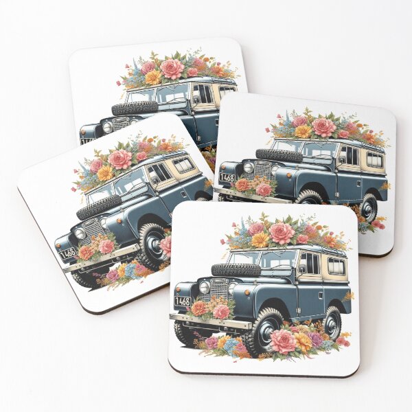 Artikelvorschau, schöner Vintage Land Rover mit Blumen entworfen und verkauft von nicnacc.