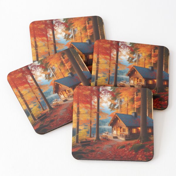 Item preview, cozy cabin in the woods surrounded by colorful autumn leaves designed and sold by BIZARRE PRINTS.