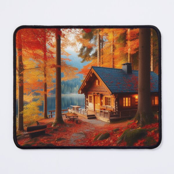 Item preview, cozy cabin in the woods surrounded by colorful autumn leaves designed and sold by BIZARRE PRINTS.