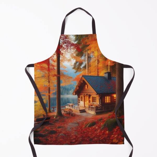 Item preview, cozy cabin in the woods surrounded by colorful autumn leaves designed and sold by BIZARRE PRINTS.