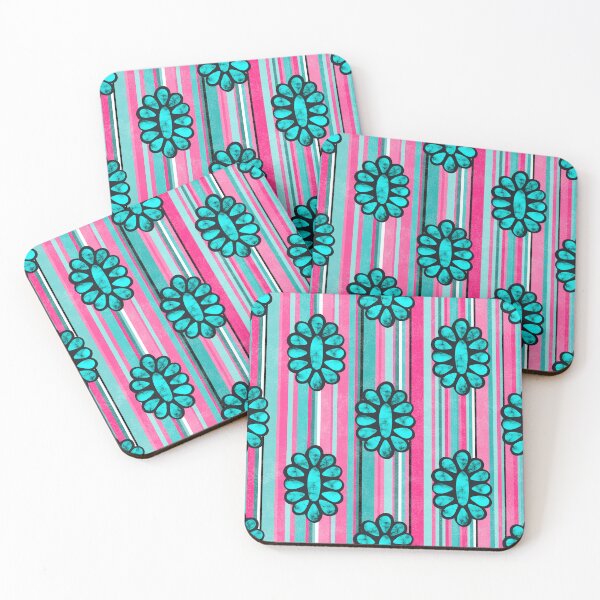 Item preview, Serape Stripes and Squash Blossoms Hot Pink and Turquoise Blue designed and sold by KrisInStitches.