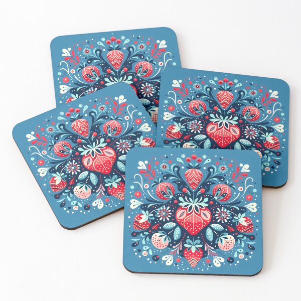 Item preview, Scandinavian Folk Art Summer of Strawberries - Cute Strawberry Bouquet on Blue by heidiannemorris © designed and sold by FOLK ART FUSION by heidiannemorris.