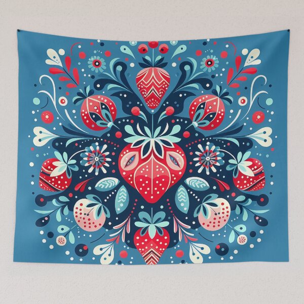 Item preview, Scandinavian Folk Art Summer of Strawberries - Cute Strawberry Bouquet on Blue by heidiannemorris © designed and sold by FOLK ART FUSION by heidiannemorris.