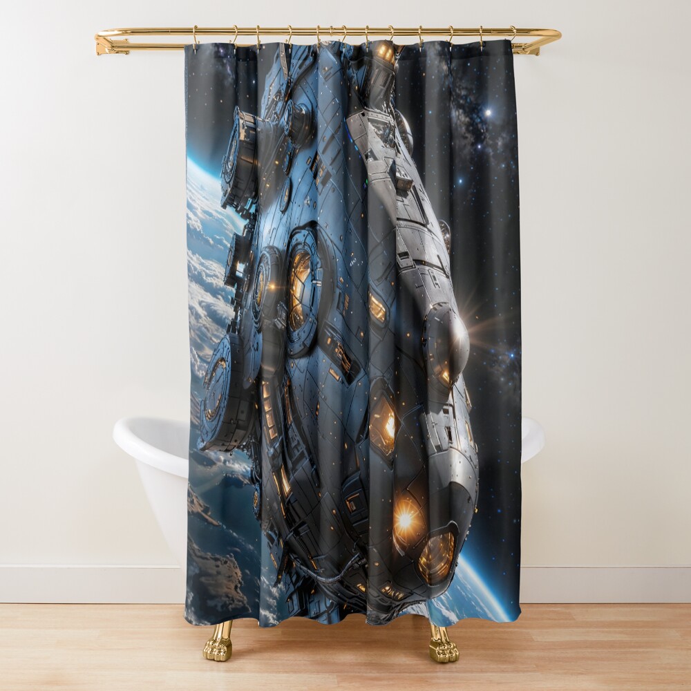 Stunning Sci-Fi View Of A Massive Spaceship In Orbit AI Concept Art by Xzendor7 3 Stunning Sci-Fi View Of A Massive Spaceship In Orbit Awesome AI Concept Art by Xzendor7 Decorative Art Print Shower Curtain