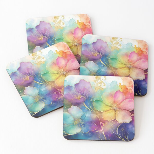 Item preview, Rainbow VINTAGE FLOWERS, multicolor and gold wildflower watercolour garden, colourful alcohol ink effect, bright vivid floral spring painting  designed and sold by navitalidesign.
