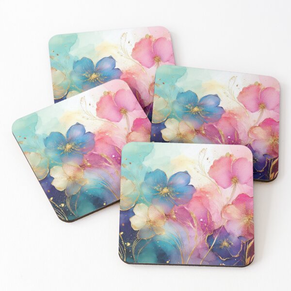 Item preview, Rainbow VINTAGE FLOWERS 2, multicolor and gold wildflower watercolour garden, colourful alcohol ink effect, bright vivid floral spring painting  designed and sold by navitalidesign.