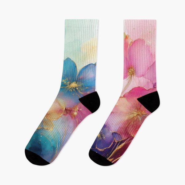 Item preview, Rainbow VINTAGE FLOWERS 2, multicolor and gold wildflower watercolour garden, colourful alcohol ink effect, bright vivid floral spring painting  designed and sold by navitalidesign.