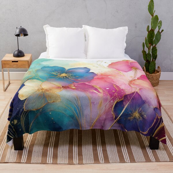Item preview, Rainbow VINTAGE FLOWERS 2, multicolor and gold wildflower watercolour garden, colourful alcohol ink effect, bright vivid floral spring painting  designed and sold by navitalidesign.