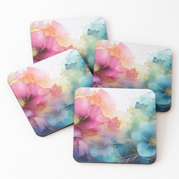 Item preview, Rainbow VINTAGE FLOWERS 3, multicolor and gold wildflower watercolour garden, colourful alcohol ink effect, bright vivid floral spring painting  designed and sold by navitalidesign.