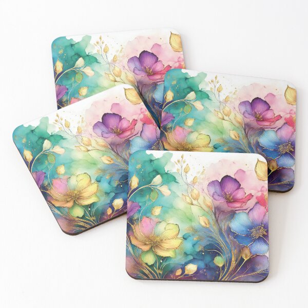 Item preview, Rainbow VINTAGE FLOWERS 4, multicolor and gold wildflower watercolour garden, colourful alcohol ink effect, bright vivid floral spring painting  designed and sold by navitalidesign.