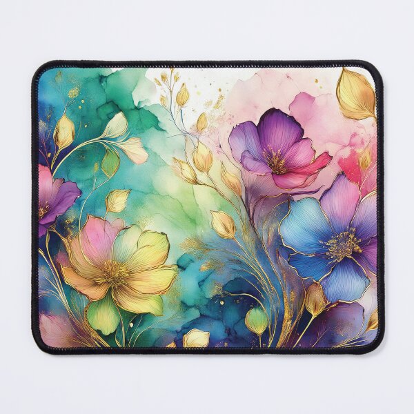 Item preview, Rainbow VINTAGE FLOWERS 4, multicolor and gold wildflower watercolour garden, colourful alcohol ink effect, bright vivid floral spring painting designed and sold by navitalidesign.