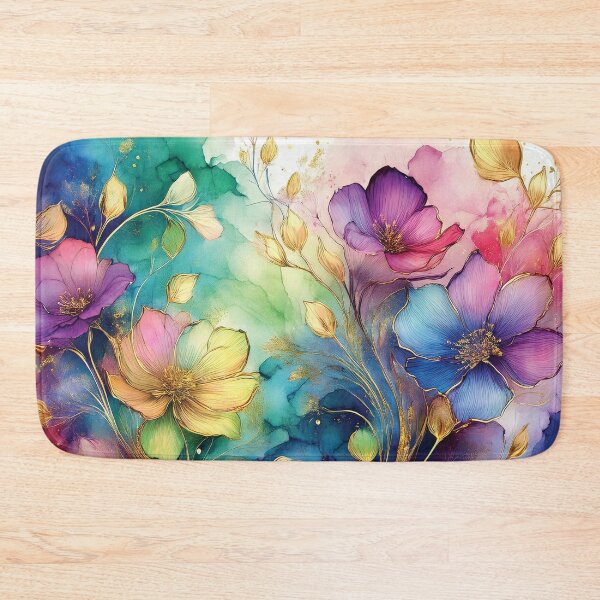 Item preview, Rainbow VINTAGE FLOWERS 4, multicolor and gold wildflower watercolour garden, colourful alcohol ink effect, bright vivid floral spring painting  designed and sold by navitalidesign.