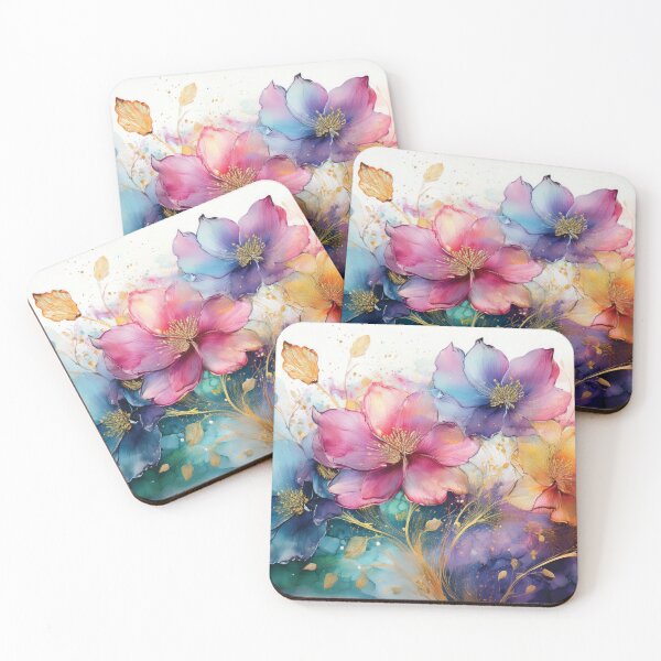 Item preview, Rainbow VINTAGE FLOWERS 5, multicolor and gold wildflower watercolour garden, colourful alcohol ink effect, bright vivid floral spring painting  designed and sold by navitalidesign.