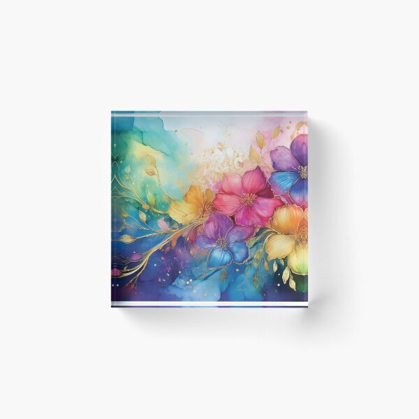 Item preview, Rainbow VINTAGE FLOWERS 6, multicolor and gold wildflower watercolour garden, colourful alcohol ink effect, bright vivid floral spring painting  designed and sold by navitalidesign.