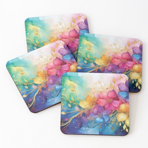 Item preview, Rainbow VINTAGE FLOWERS 6, multicolor and gold wildflower watercolour garden, colourful alcohol ink effect, bright vivid floral spring painting  designed and sold by navitalidesign.