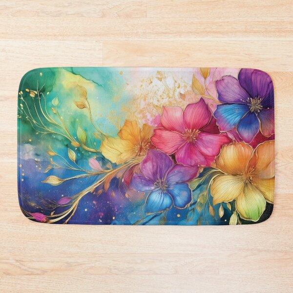 Item preview, Rainbow VINTAGE FLOWERS 6, multicolor and gold wildflower watercolour garden, colourful alcohol ink effect, bright vivid floral spring painting  designed and sold by navitalidesign.