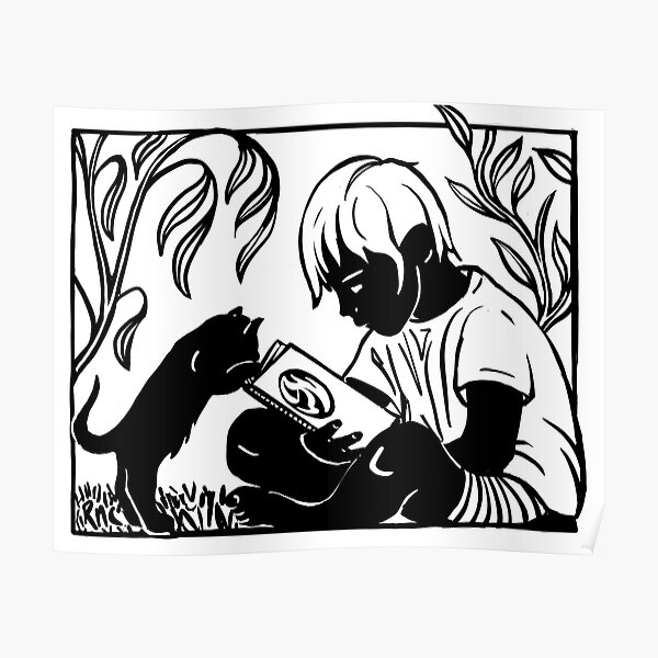 Boy and Cat Reading Poster