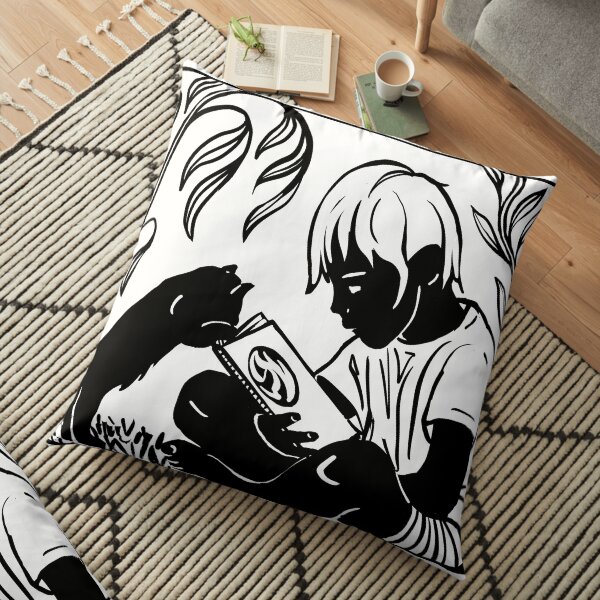 Boy and Cat Reading Floor Pillow
