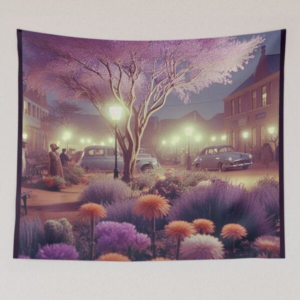 Item preview, 1960s Windhoek Night – AI Colorful Artwork with Purple and Orange Lights for Clothing and Accessories for Plant Lovers designed and sold by knalpot-design.