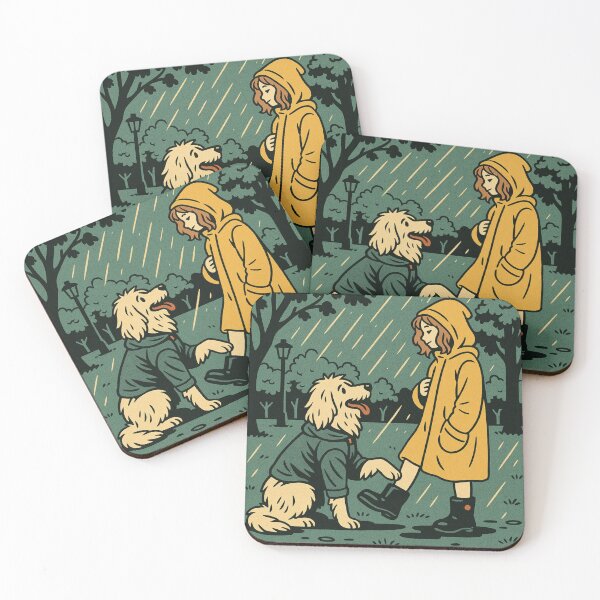 Item preview, Rainy Day Companions – Girl and Dog in Raincoats designed and sold by NexAesthetic.