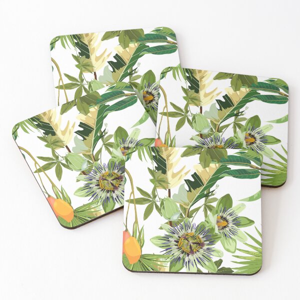 Item preview, Seamless tropical palm leaves, Passiflora flowers and mango fruits. Jungle leaves  floral pattern on white background. designed and sold by MatyKotiv.