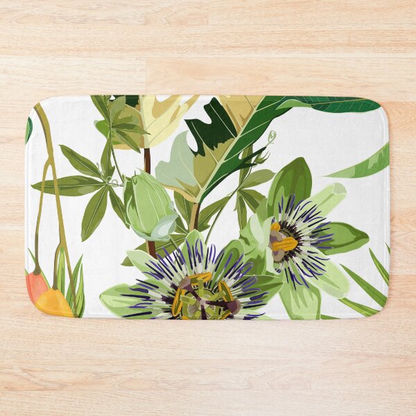 Item preview, Seamless tropical palm leaves, Passiflora flowers and mango fruits. Jungle leaves  floral pattern on white background. designed and sold by MatyKotiv.