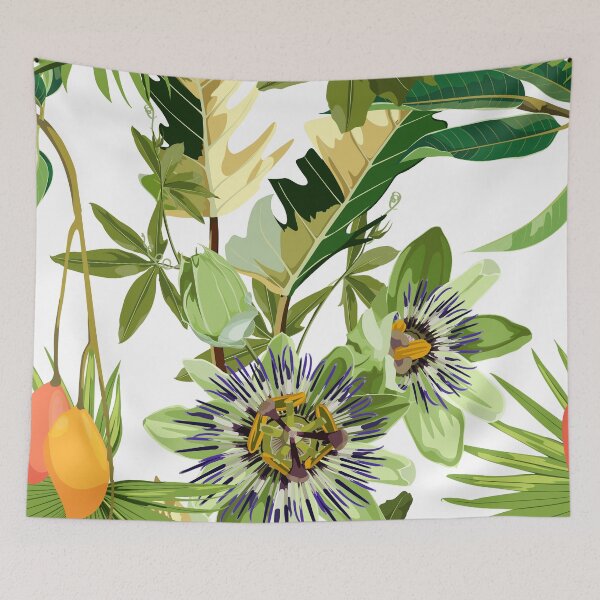 Item preview, Seamless tropical palm leaves, Passiflora flowers and mango fruits. Jungle leaves  floral pattern on white background. designed and sold by MatyKotiv.
