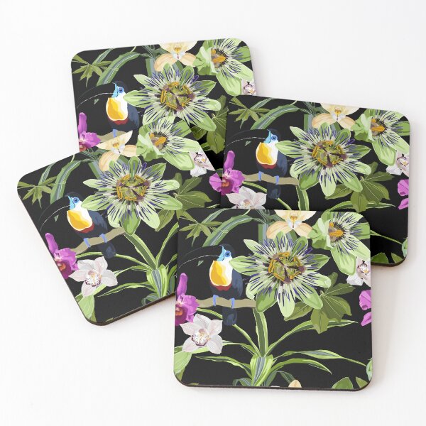 Item preview, Seamless tropical palm leaves, Passiflora, orchid flowers, toucan bird. Jungle leaves  floral pattern on black background. designed and sold by MatyKotiv.