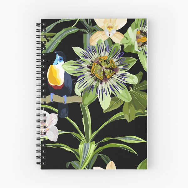 Item preview, Seamless tropical palm leaves, Passiflora, orchid flowers, toucan bird. Jungle leaves  floral pattern on black background. designed and sold by MatyKotiv.