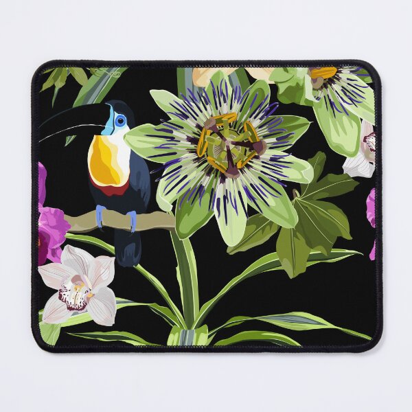 Item preview, Seamless tropical palm leaves, Passiflora, orchid flowers, toucan bird. Jungle leaves  floral pattern on black background. designed and sold by MatyKotiv.