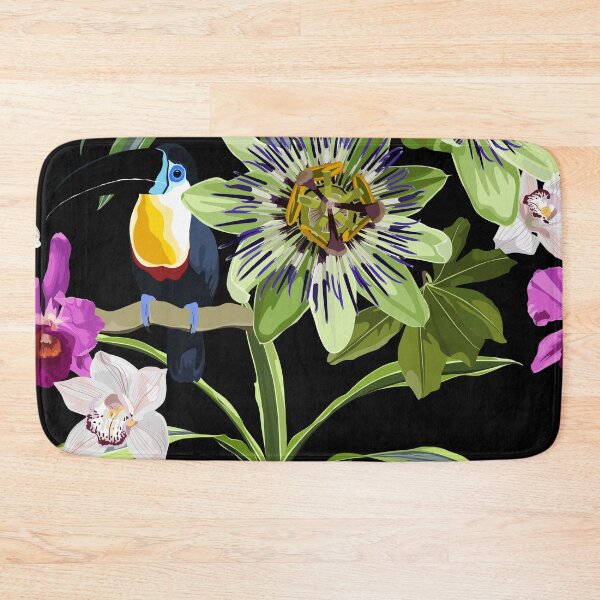 Item preview, Seamless tropical palm leaves, Passiflora, orchid flowers, toucan bird. Jungle leaves  floral pattern on black background. designed and sold by MatyKotiv.