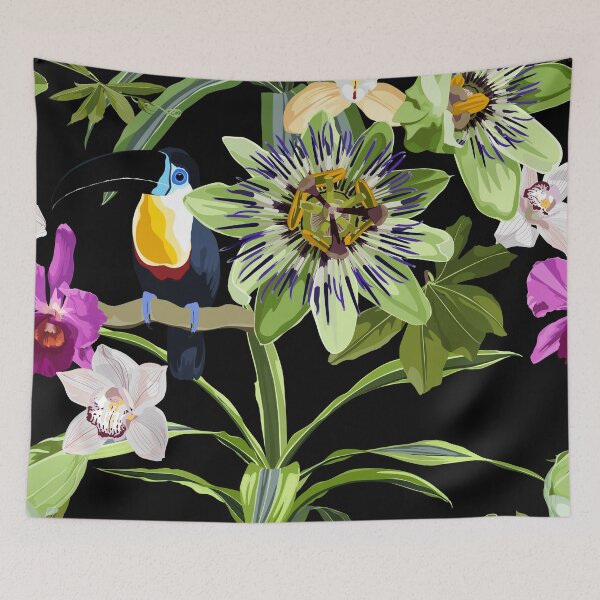 Item preview, Seamless tropical palm leaves, Passiflora, orchid flowers, toucan bird. Jungle leaves  floral pattern on black background. designed and sold by MatyKotiv.