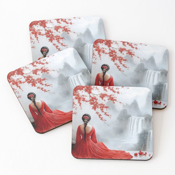 Item preview, Woman in red gown admiring serene waterfall landscape. designed and sold by Artessie.