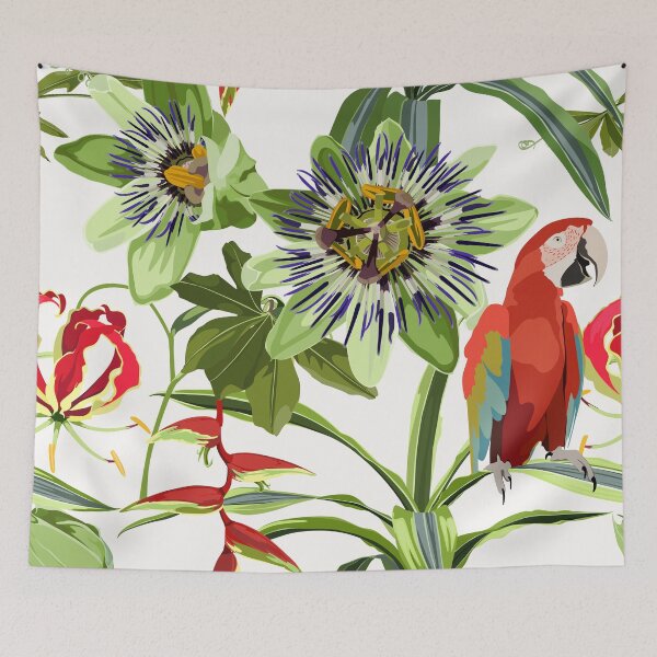 Item preview, Seamless tropical palm leaves, Passiflora flowers, red ara parrot bird. Jungle leaves  floral pattern background. designed and sold by MatyKotiv.