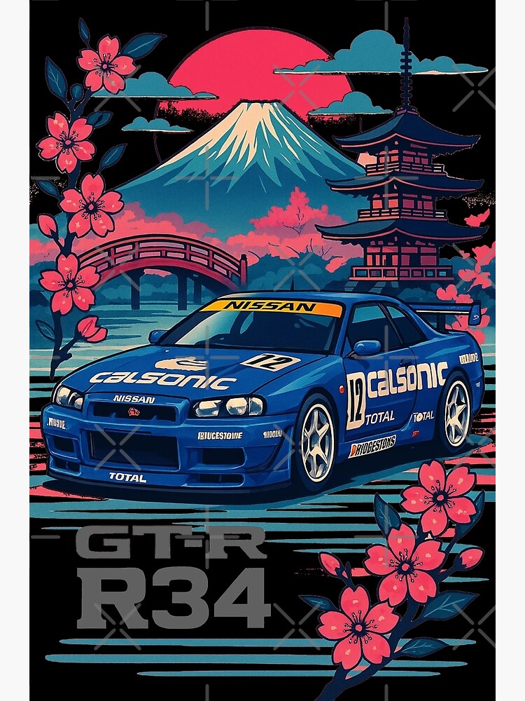 Calsonic Nissan Skyline R34 GTR with Mount Fuji and Sakura – JDM