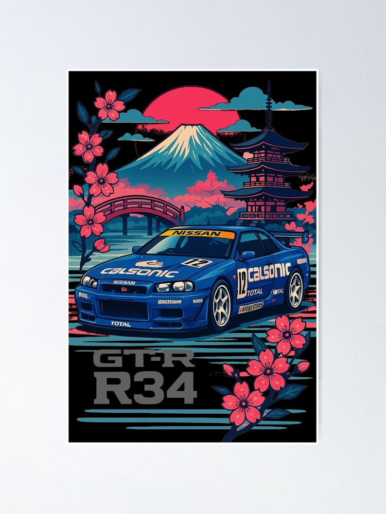 Calsonic Nissan Skyline R34 GTR with Mount Fuji and Sakura – JDM