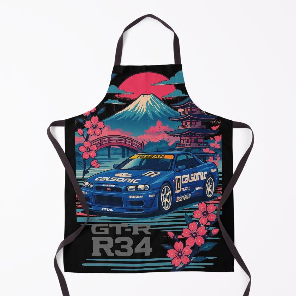 Artikelvorschau, Calsonic Nissan Skyline R34 GTR mit Mount Fuji und Sakura – JDM Racing Art entworfen und verkauft von TheArtOfCar.