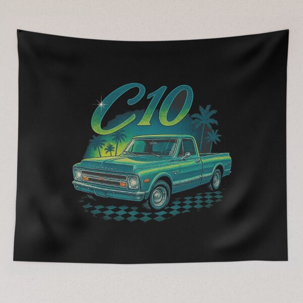 Item preview, Vintage 1967 Chevy C10 Pickup Truck Retro Art – Teal Classic Truck with Palm Trees Design designed and sold by TheArtOfCar.