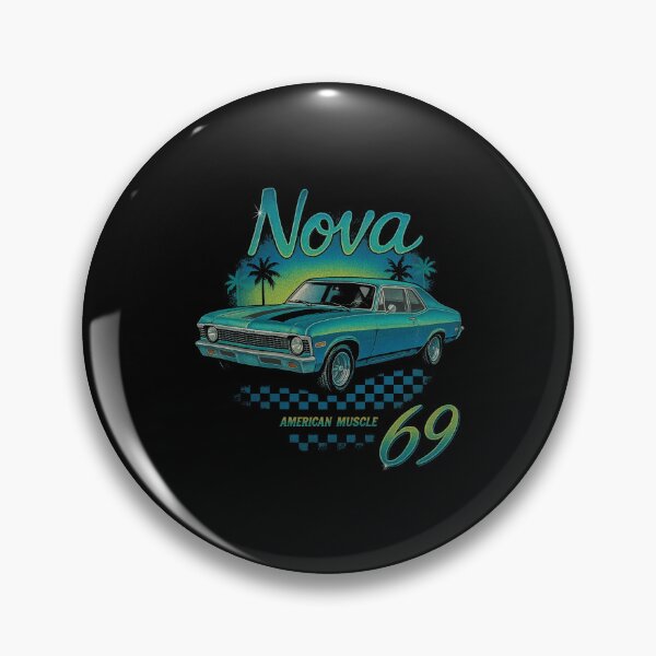 Item preview, 1969 Chevy Nova American Muscle Car – Retro Teal Illustration with Palm Trees and Checker Art designed and sold by TheArtOfCar.
