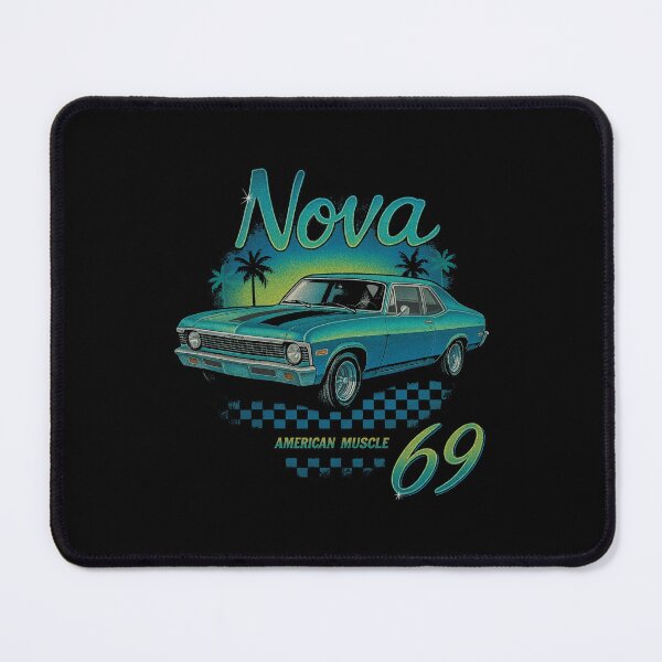 Item preview, 1969 Chevy Nova American Muscle Car – Retro Teal Illustration with Palm Trees and Checker Art designed and sold by TheArtOfCar.